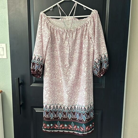Loft Rose Pink Boho Print Off Shoulder Halter Dress Elastic in Shoulder area S - Picture 3 of 7
